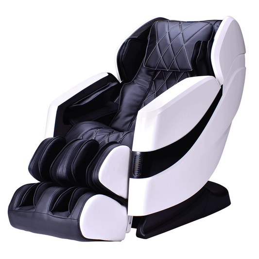 Premium Cozzia CZ-357 massage chair in sleek black and clear white design, featuring 3D massage technology, full-body air compression, zero gravity recline, and heat therapy for ultimate relaxation.