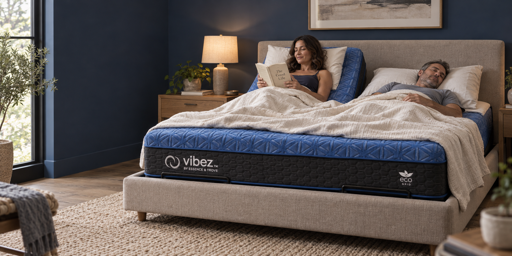 Vibez Original Hybrid lifestyle rendering: one partner elevated and reading while the other sleeps flat on a connected mattress
