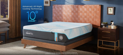 TEMPUR-LuxeBreeze Firm mattress hero shot with cooling badge