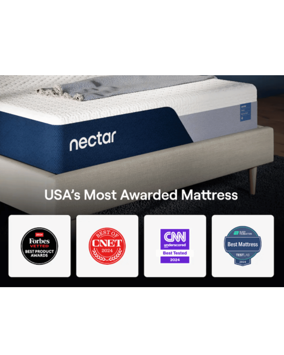Nectar Classic mattress promotional graphic with four mattress-review award badges beneath the product photo.