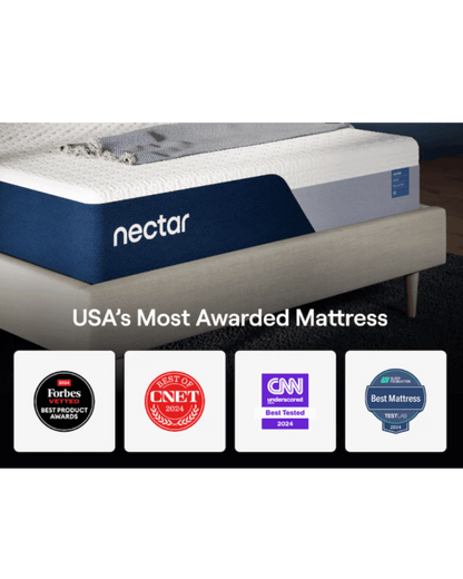 Nectar Classic mattress promotional graphic with four mattress-review award badges beneath the product photo.