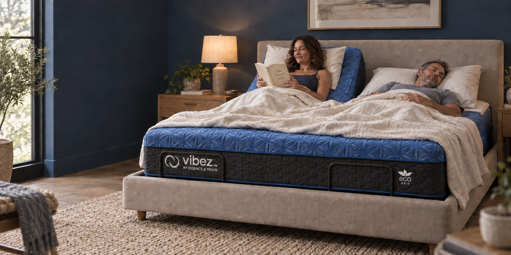 Vibez Original Hybrid lifestyle rendering with one partner elevated and reading while the other sleeps flat